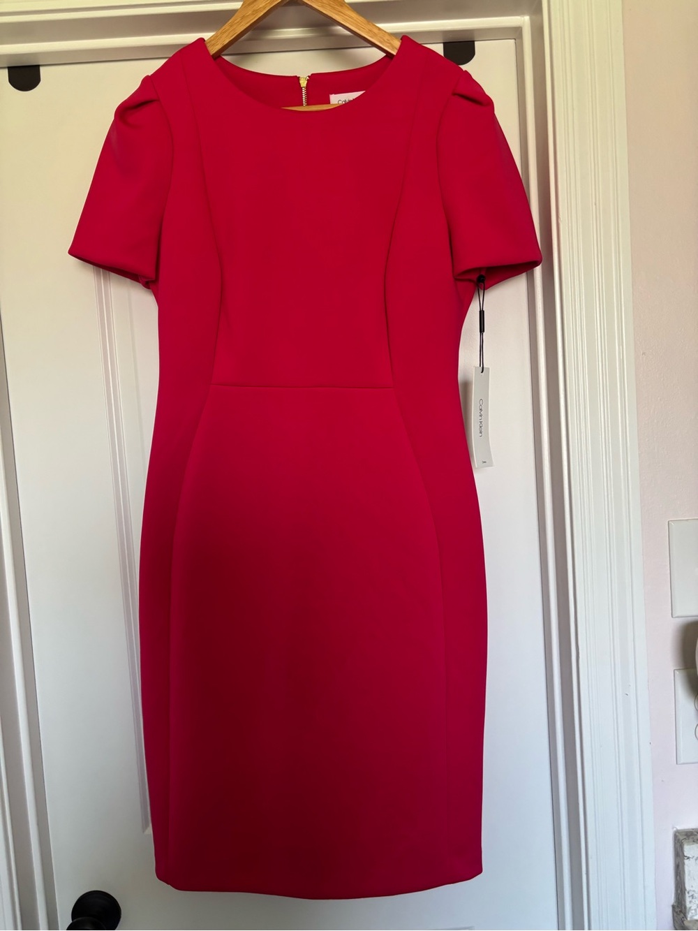 NWT Calvin Klein Red Pink Sheath Dress Size 12 Gold Zip